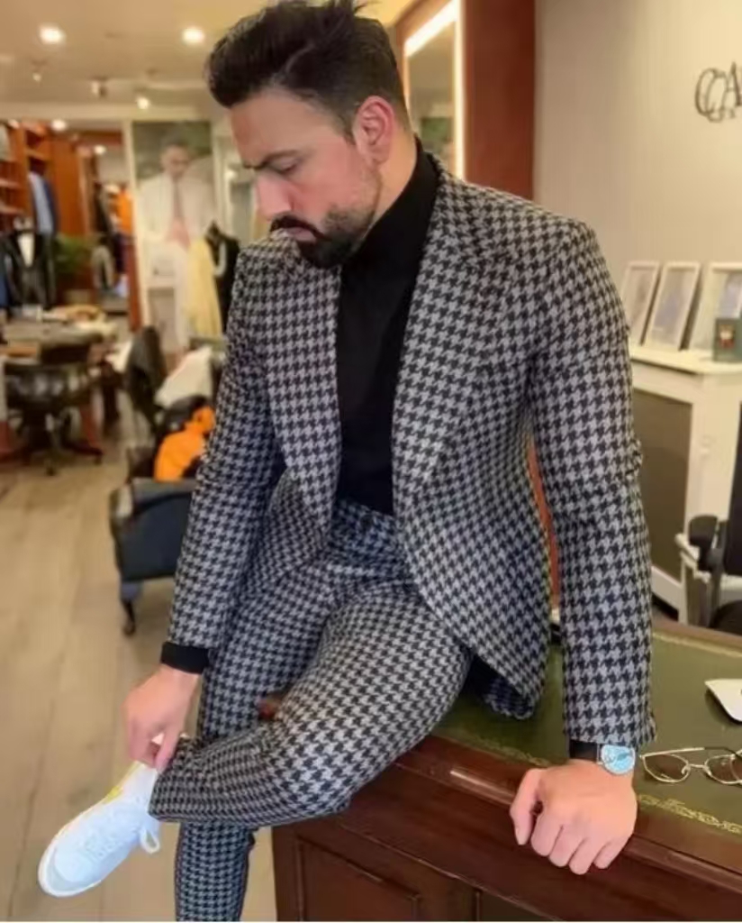 Men Formal Wear For Wedding - Houndstooth vintage terno masculino pico lapela