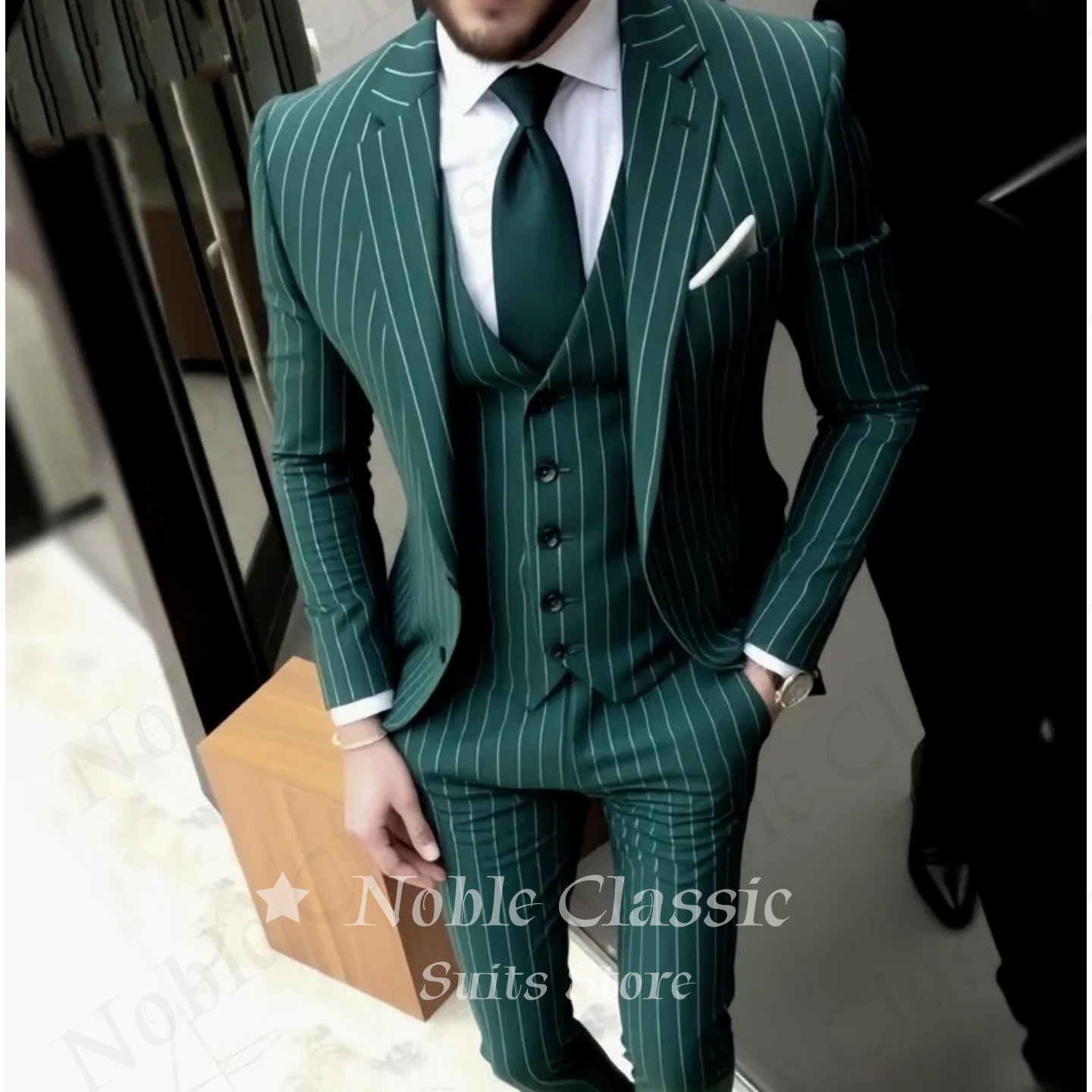 Men Formal Wear Wedding Guest - Terno Masculino Verde Listrado Slim Fit