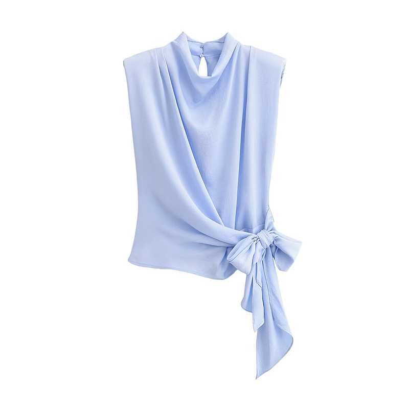 Satin Bow Tie - YENKYE Moda Nova Blusa Feminina Azul