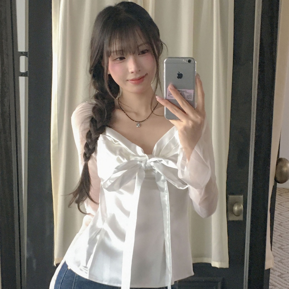 Satin Bow Tie - Blusa Feminina Elegante de Chiffon e