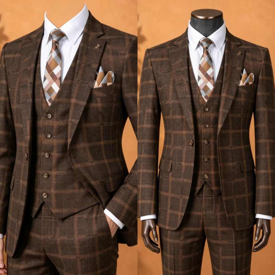 Men'S Formal Wear No Suit - Elegante Terno Masculino Xadrez Marrom de