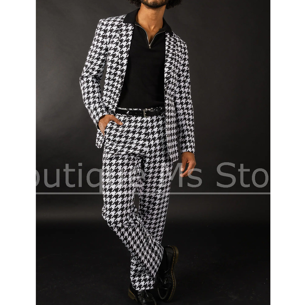 Men Formal Wear Fashion - Preto branco houndstooth terno masculino fino