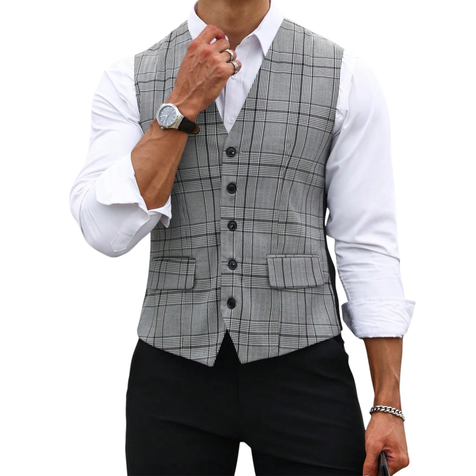 Men Formal Wear Vest - Colete Masculino Cinza Xadrez Slim Fit