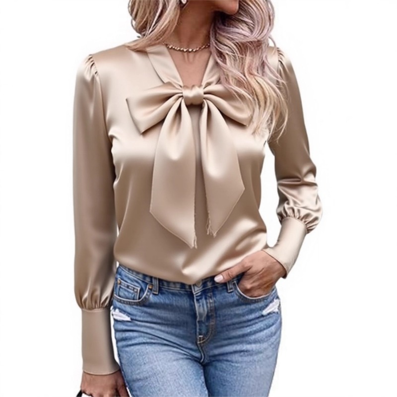 Blusa de Cetim Sólido para Mul - Satin Bow Tie avaliação e preço