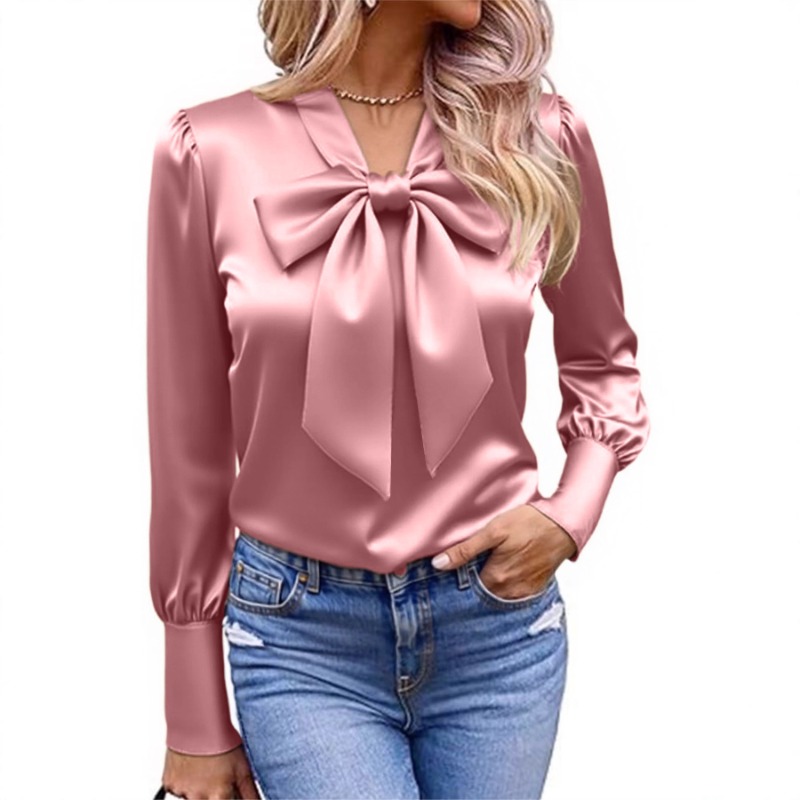 Blusa de Cetim Sólido para Mul - Satin Bow Tie avaliação e preço