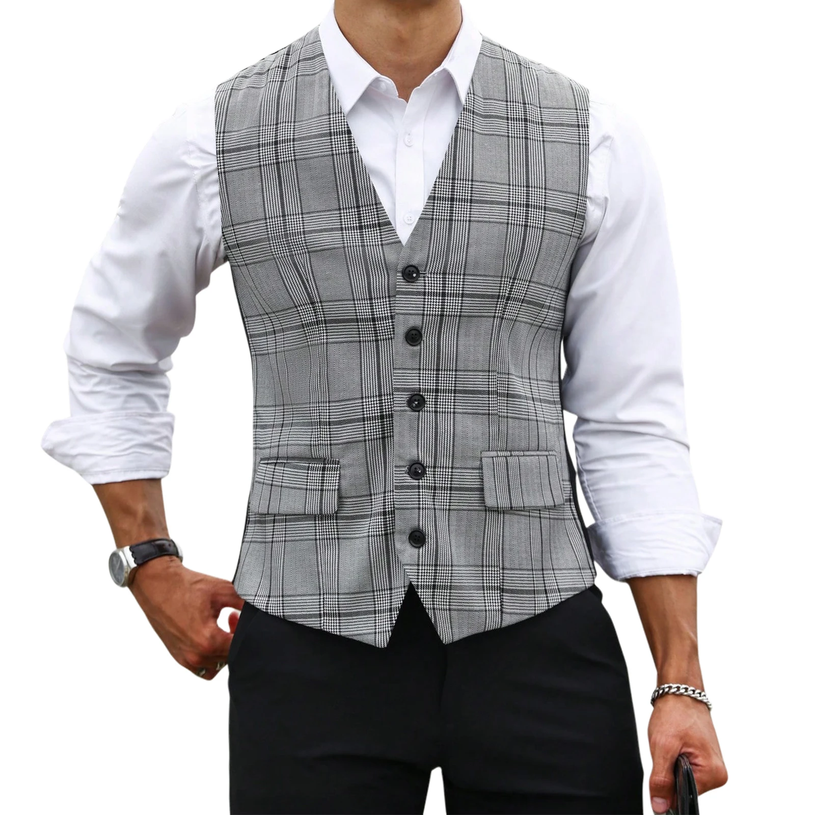 Colete Masculino Cinza Xadrez  - Men Formal Wear Vest avaliação e preço
