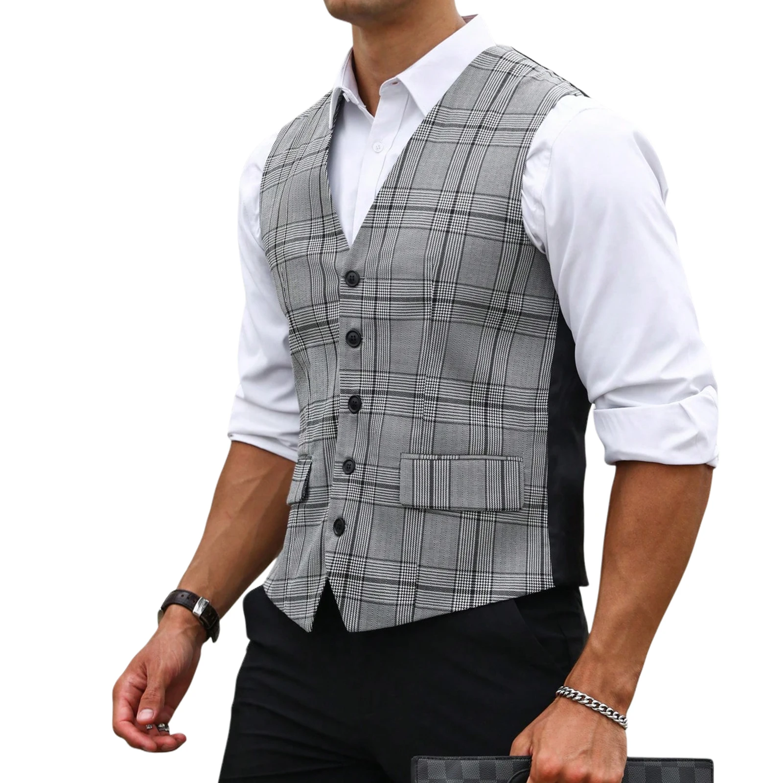 Colete Masculino Cinza Xadrez  - Men Formal Wear Vest avaliação e preço